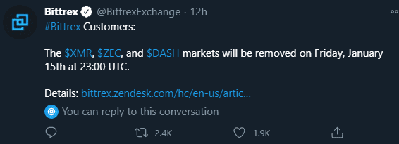 Bittrex will delist privacy coins