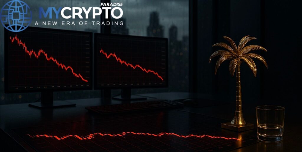Luxury trading room with golden palm tree sculpture and glass cup, stormy skyline, and red market charts reflecting crypto drop after producer prices spike