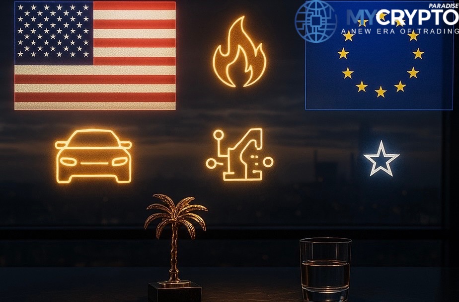 Golden palm tree sculpture and glass cup on luxury trading desk with glowing holograms of US and EU flags, car, energy, and digital icons, symbolizing high-stakes trade deal on autos, energy, and digital rules