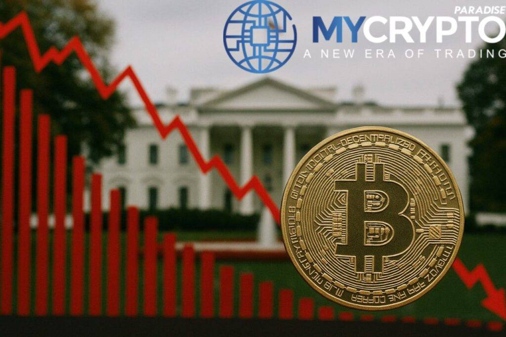 Bitcoin price crashes amid U.S. job report with White House in background and falling red stock chart