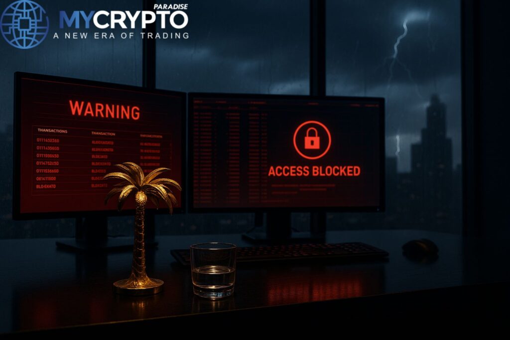 High-security trading control room with golden palm tree sculpture and glass cup, glowing red alerts, and stormy skyline reflecting U.S. crackdown on Russian crypto exchange