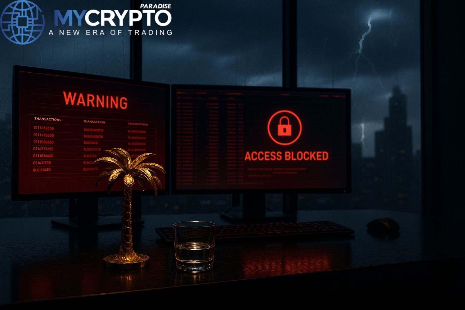 High-security trading control room with golden palm tree sculpture and glass cup, glowing red alerts, and stormy skyline reflecting U.S. crackdown on Russian crypto exchange