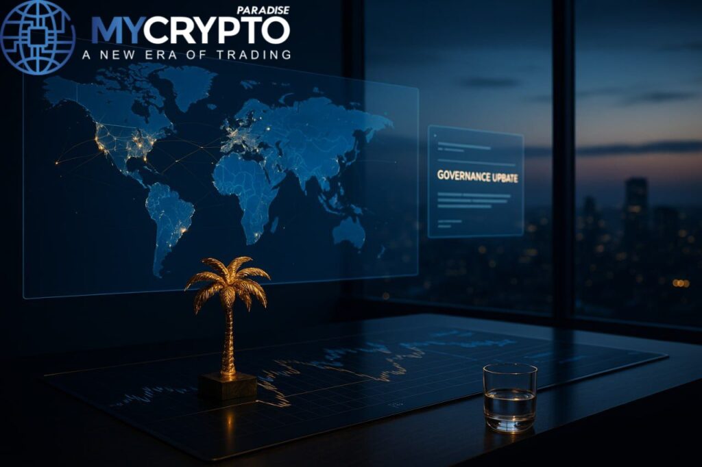 Futuristic network operations hub with golden palm tree sculpture, glass cup, and holographic global data map representing Helium’s Q2 2025 carrier offload, governance reform, and network scale