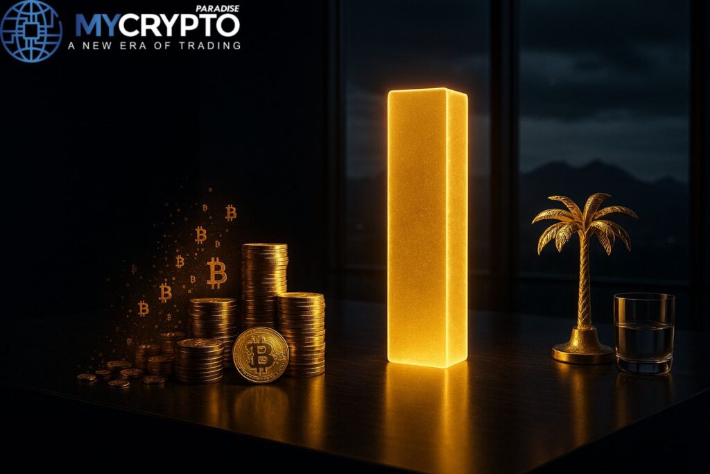 Luxury trading desk with golden palm tree sculpture and glass cup, Bitcoin holograms fading on one side and a glowing $1B digital gold bar on the other, symbolizing Bhutan’s $92M Bitcoin sale while still holding over $1B