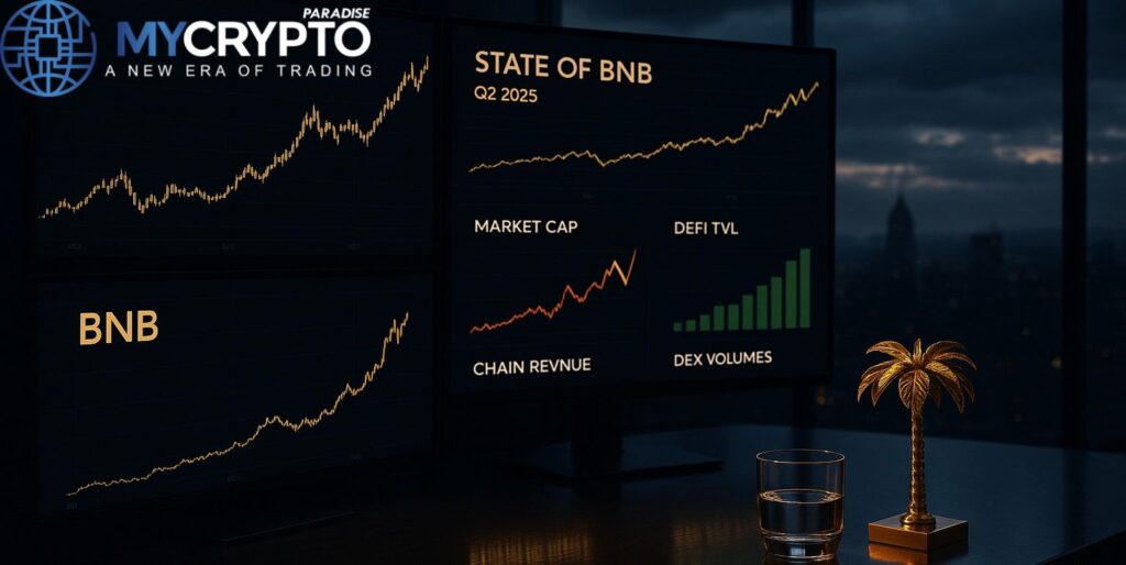 Luxury trading desk with golden palm tree sculpture and glass cup, glowing monitors showing BNB market cap growth, revenue dip, and rising DeFi activity in Q2 2025