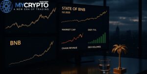Luxury trading desk with golden palm tree sculpture and glass cup, glowing monitors showing BNB market cap growth, revenue dip, and rising DeFi activity in Q2 2025