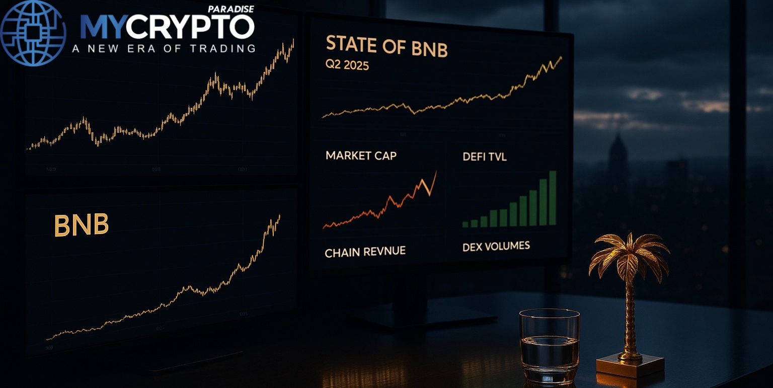 Luxury trading desk with golden palm tree sculpture and glass cup, glowing monitors showing BNB market cap growth, revenue dip, and rising DeFi activity in Q2 2025