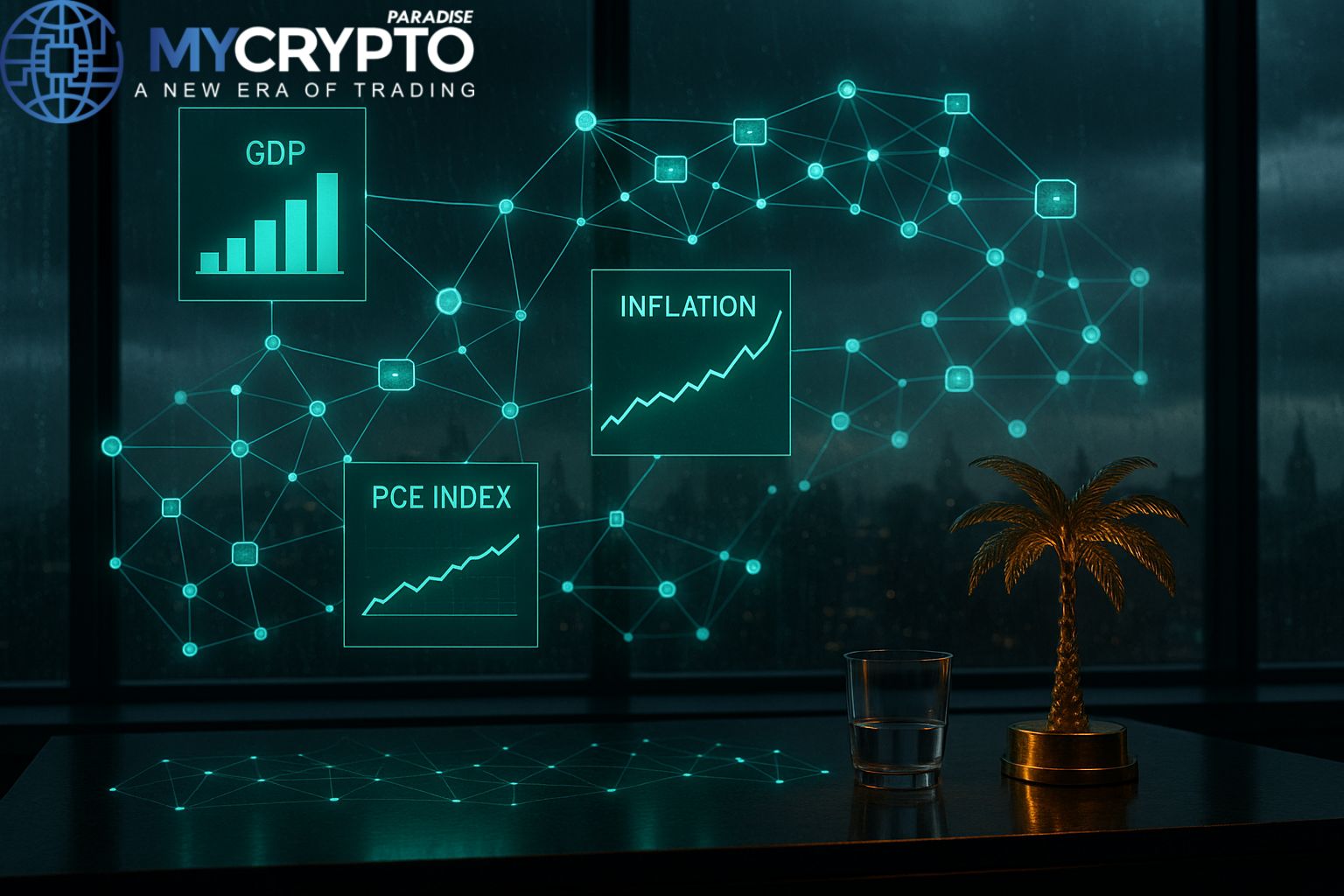 Luxury trading desk with golden palm tree sculpture and glass cup, surrounded by holographic GDP and inflation charts streaming across blockchain nodes, symbolizing US government distributing macroeconomic data on blockchain