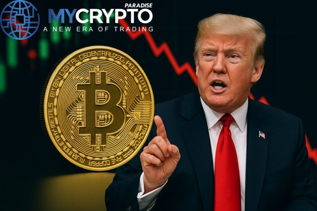 Donald Trump issues tariff threat as Bitcoin price crashes, with red crypto market chart in background symbolizing investor panic