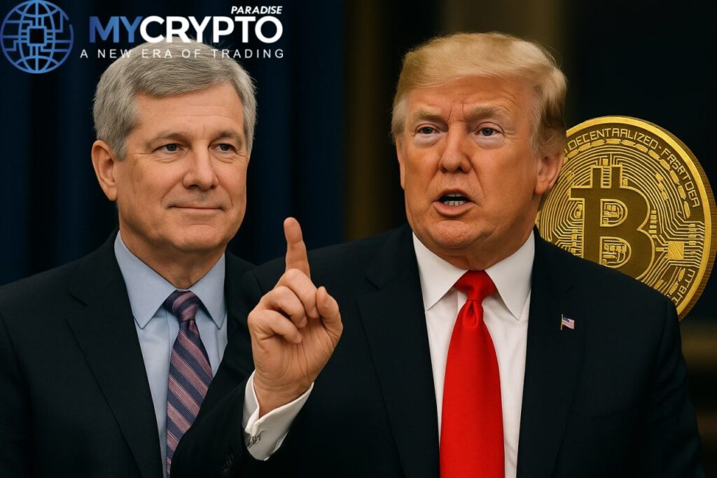 Christopher Waller and Donald Trump appear together as Bitcoin hovers beside them, reflecting speculation around Trump’s Fed Chair pick and crypto market impact