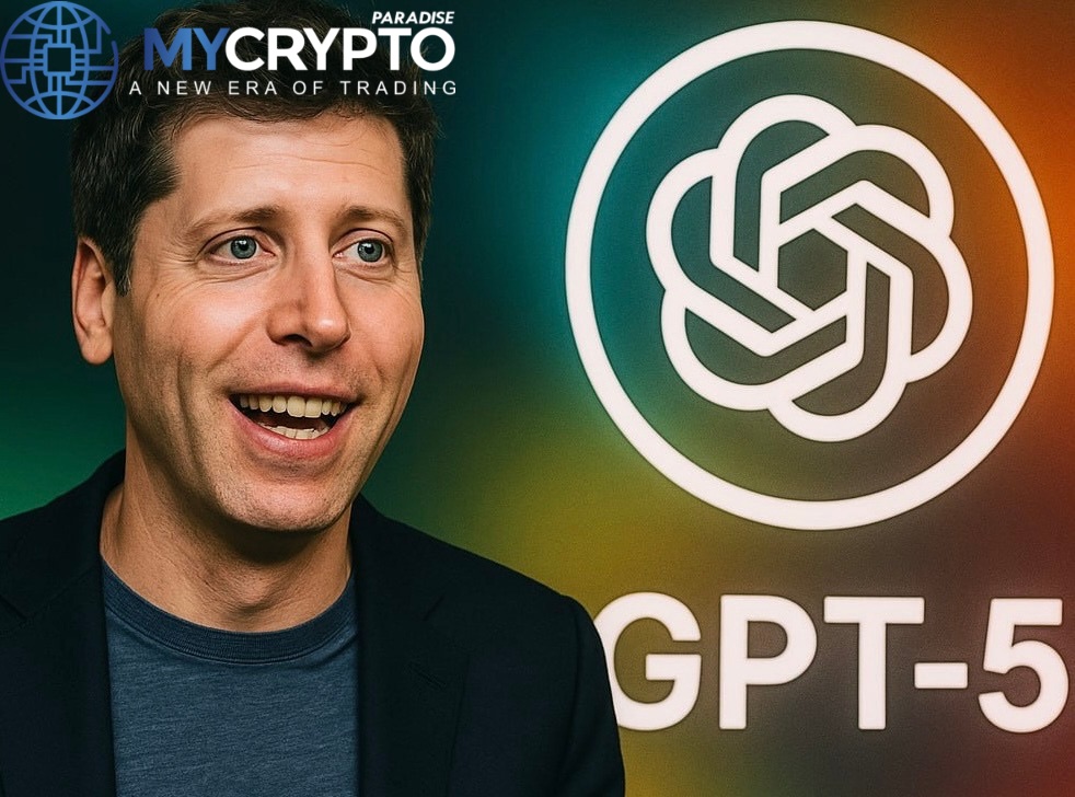Sam Altman launches GPT-5 with glowing AI interface in background, symbolizing OpenAI’s next-generation artificial intelligence breakthrough