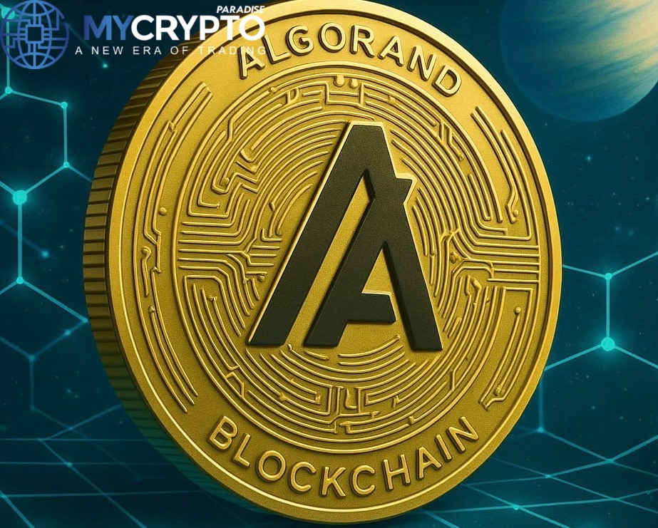 Golden Algorand blockchain coin with futuristic circuit design set against a cosmic digital network background