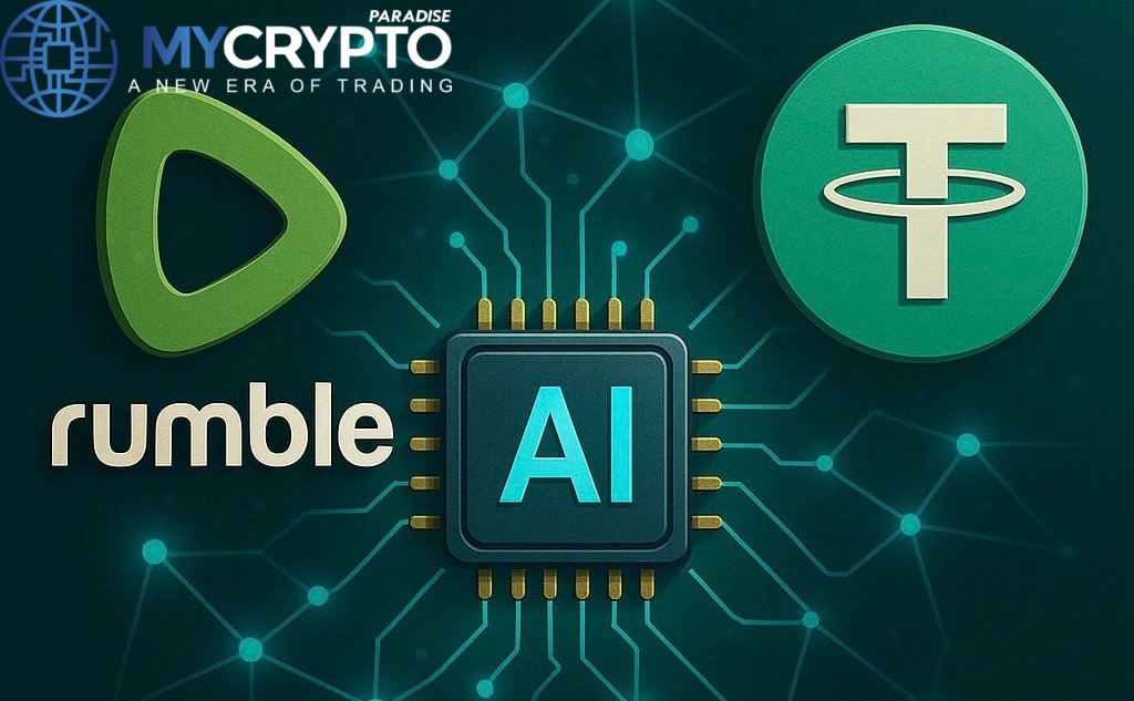 Rumble and Tether logos connected through a glowing AI microchip, symbolizing partnership on artificial intelligence project