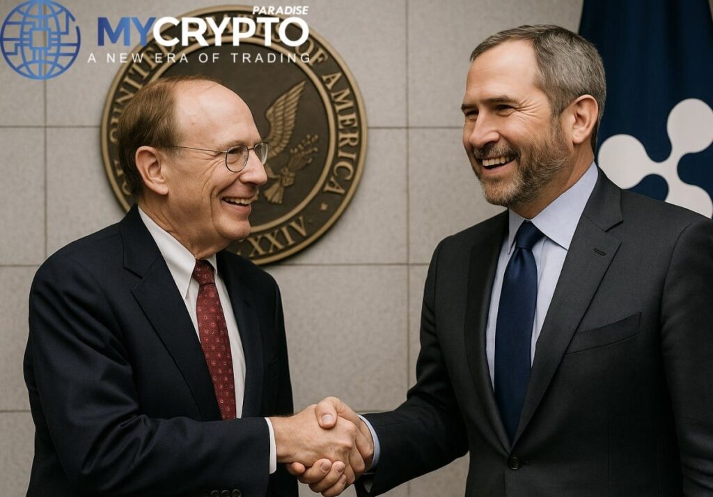 SEC Chair Paul Atkins and Ripple CEO Brad Garlinghouse shake hands and smile after settling the long-running XRP lawsuit outside a courthouse