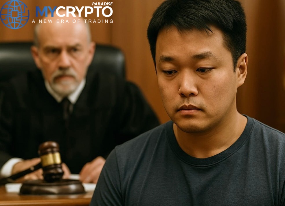 Symbolic courtroom illustration of Do Kwon in a crypto fraud trial, facing a stern judge with a Bitcoin symbol in foreground