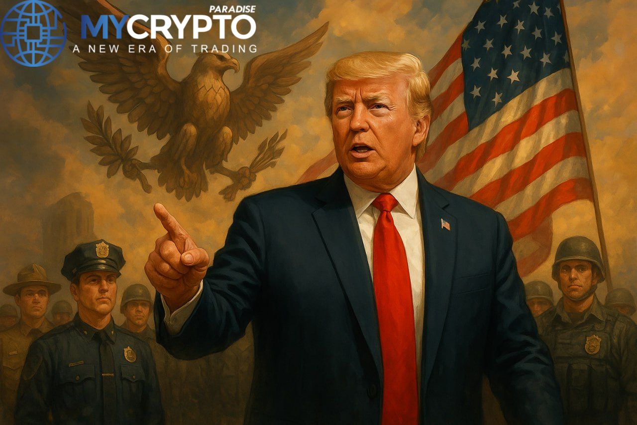 Fictional political leadership scene depicting Donald Trump in a grand setting with patriotic symbols, addressing uniformed figures under a dramatic golden light