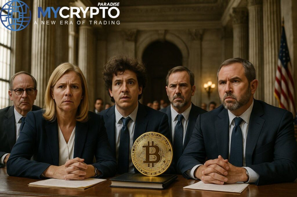 FTX investors in courtroom facing corporate defendants over alleged crypto fraud, with Bitcoin symbol on table