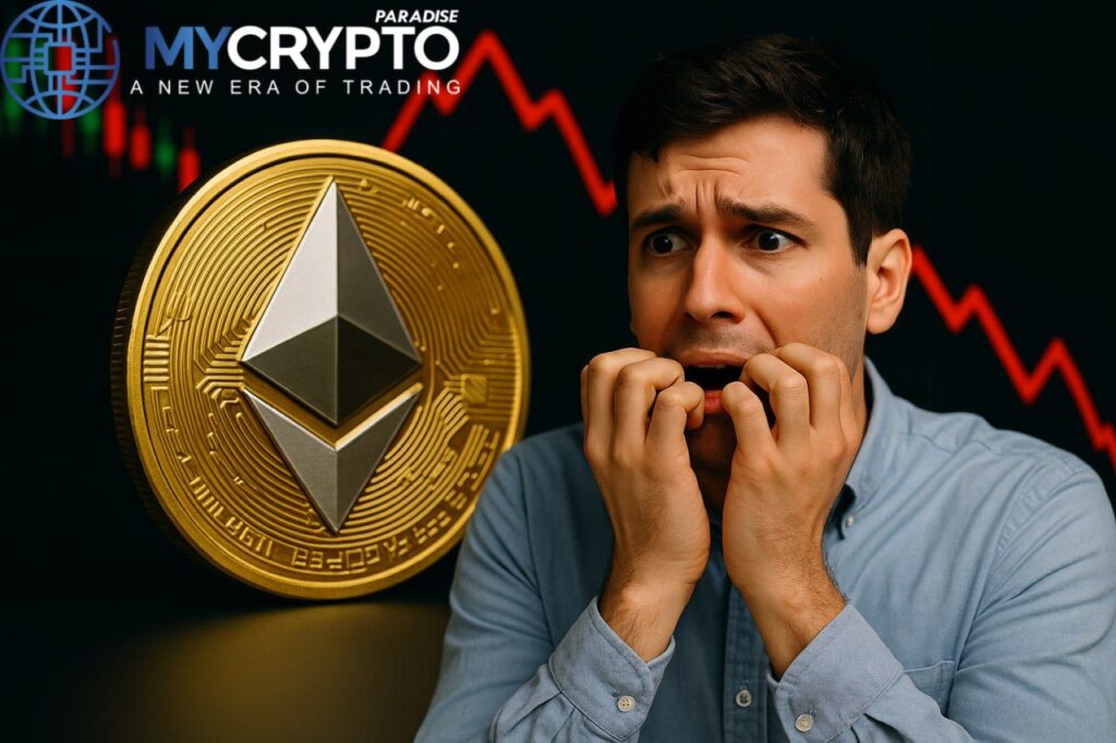 Fearful crypto trader reacting to Ethereum whale market move with large Ethereum coin and falling price chart in background
