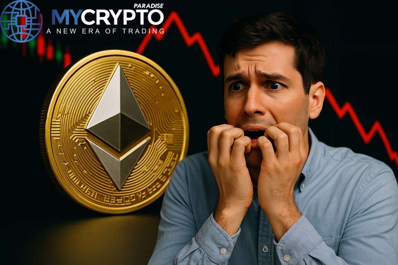 Fearful crypto trader reacting to Ethereum whale market move with large Ethereum coin and falling price chart in background