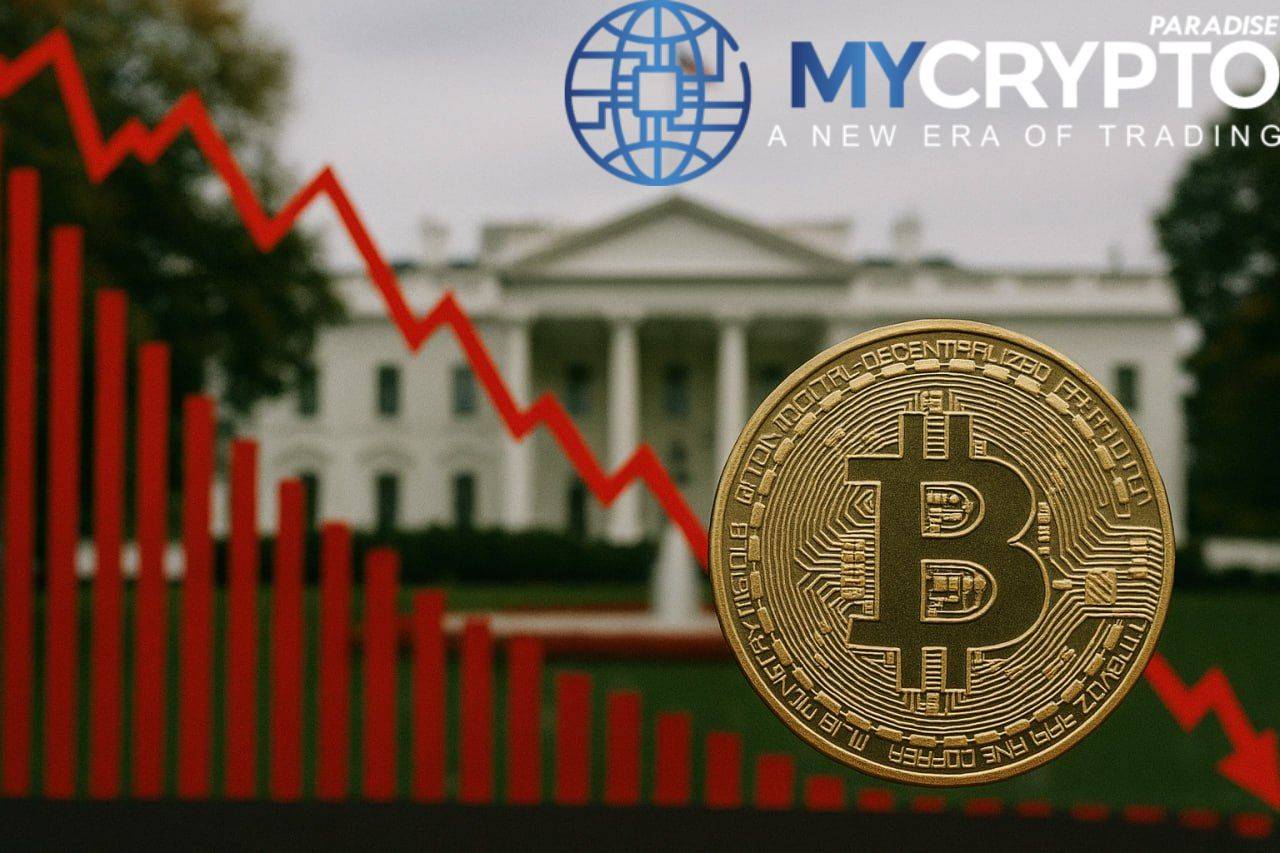 Bitcoin price crashes amid U.S. job report with White House in background and falling red stock chart