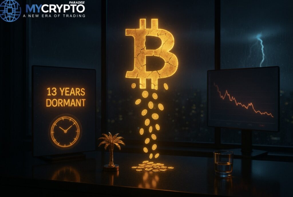 Golden palm tree sculpture and glass cup on trading desk with fractured Bitcoin hologram releasing digital coins, symbolizing a dormant whale awakening after 13 years to dump $53M