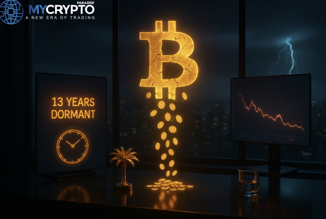 Golden palm tree sculpture and glass cup on trading desk with fractured Bitcoin hologram releasing digital coins, symbolizing a dormant whale awakening after 13 years to dump $53M
