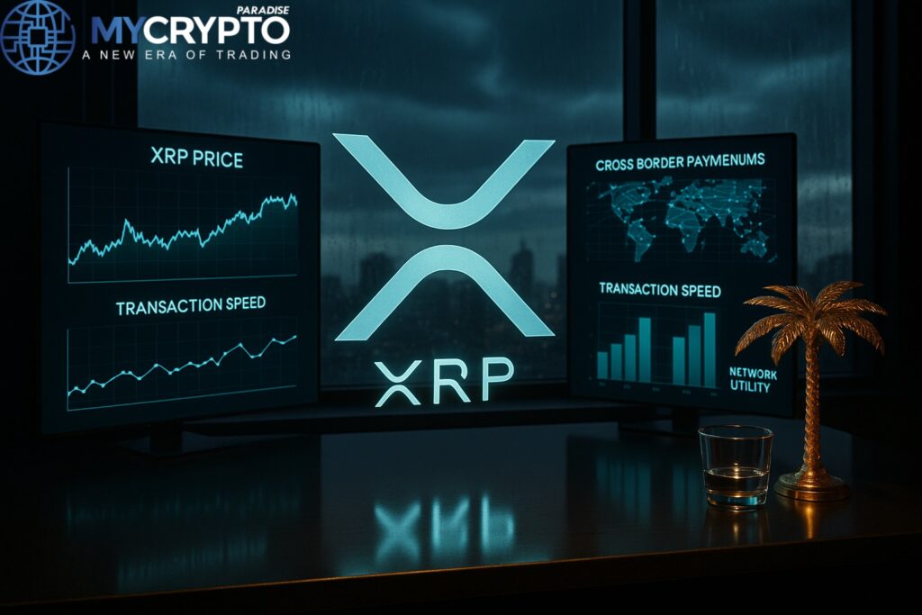 Golden palm tree sculpture and glass cup on luxury trading desk with glowing XRP logo, global payments hologram, and Q2 2025 charts for price and transactions