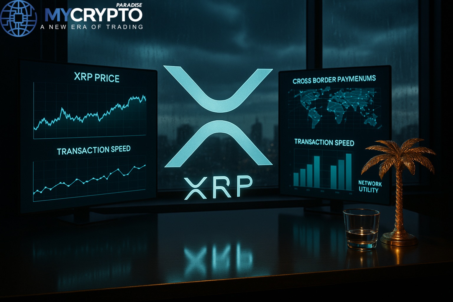 Golden palm tree sculpture and glass cup on luxury trading desk with glowing XRP logo, global payments hologram, and Q2 2025 charts for price and transactions