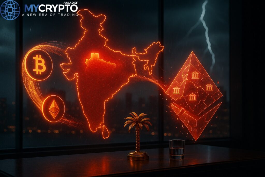 Golden palm tree sculpture and glass cup on trading desk with glowing India map, crypto holograms, and collapsing financial system pyramid, symbolizing India’s warning that regulation could destabilize markets