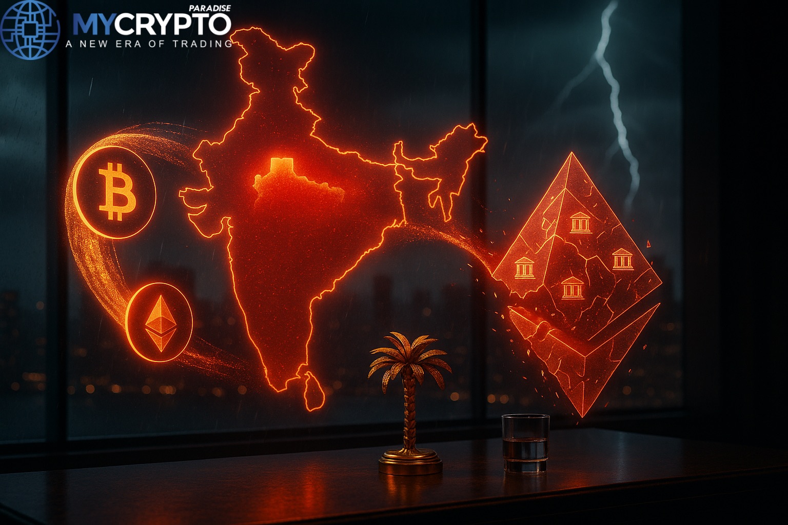 Golden palm tree sculpture and glass cup on trading desk with glowing India map, crypto holograms, and collapsing financial system pyramid, symbolizing India’s warning that regulation could destabilize markets