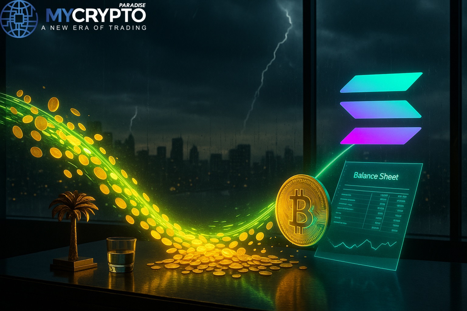 Golden palm tree sculpture and glass cup on trading desk with holographic flood of coins surging into glowing Solana logo, symbolizing $1.65B inflows and Forward Industries’ balance sheet bet