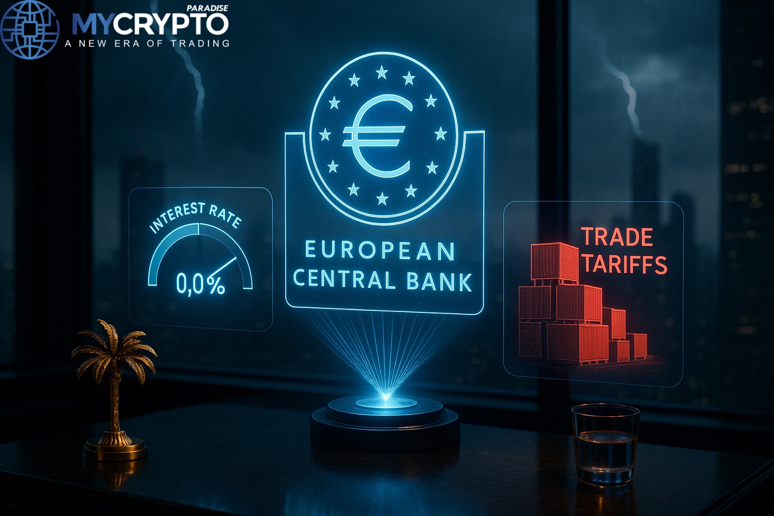 Golden palm tree sculpture and glass cup on trading desk with glowing ECB emblem, steady interest rate hologram, and red tariff fallout symbols, symbolizing ECB holding rates unchanged