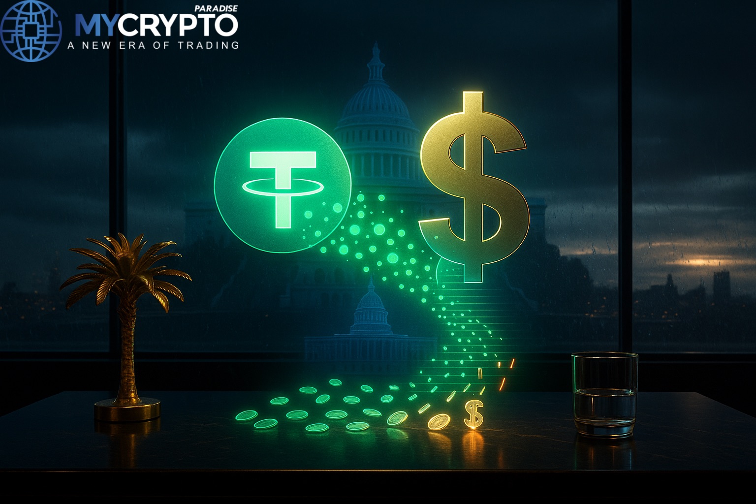 Golden palm tree sculpture and glass cup on trading desk with glowing Tether logo merging into U.S. dollar symbol, symbolizing launch of U.S.-regulated stablecoin