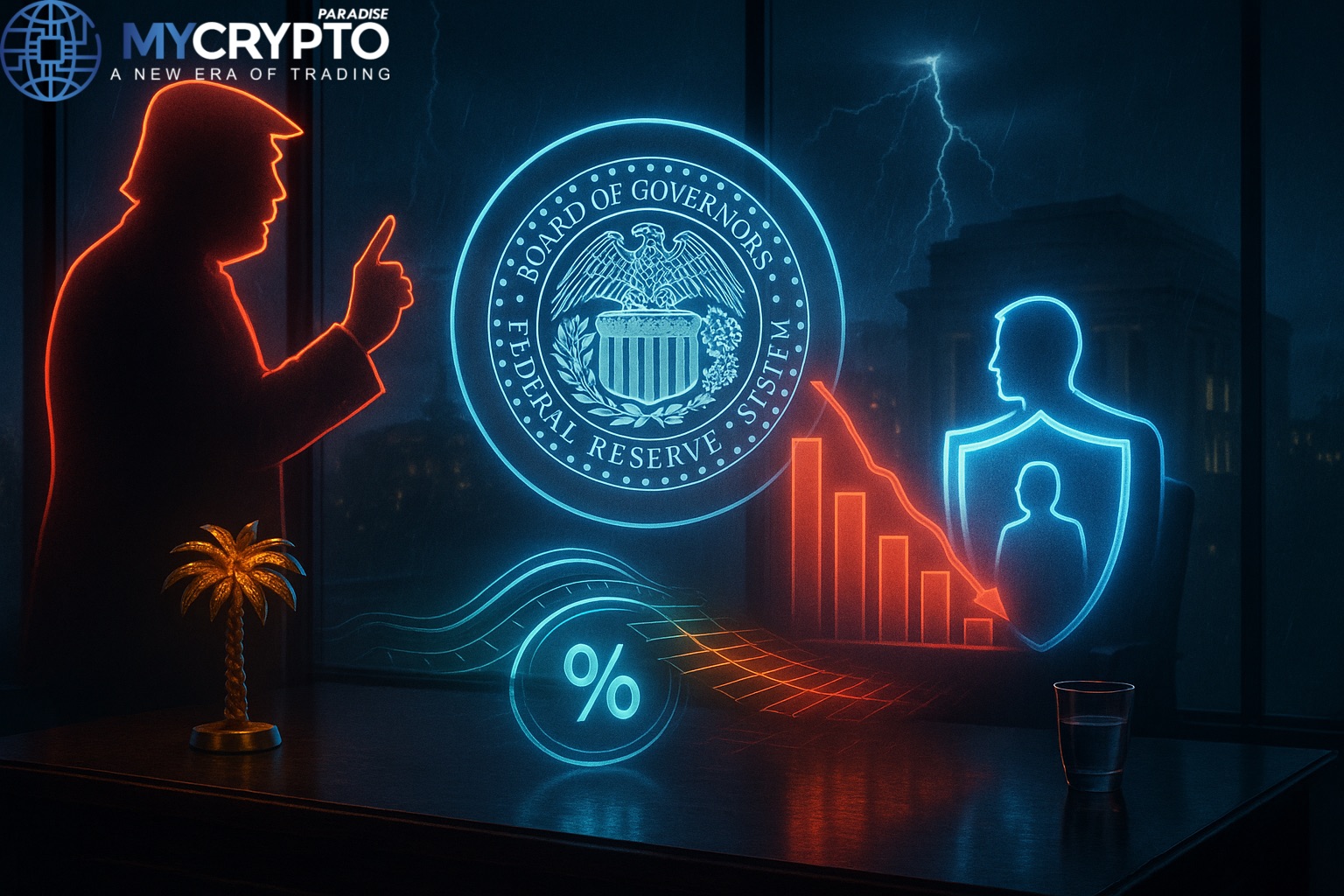 Golden palm tree sculpture and glass cup on trading desk with glowing Fed emblem, rate cut charts, Trump silhouette confronting shielded Fed Governor, symbolizing political battle over central bank independence