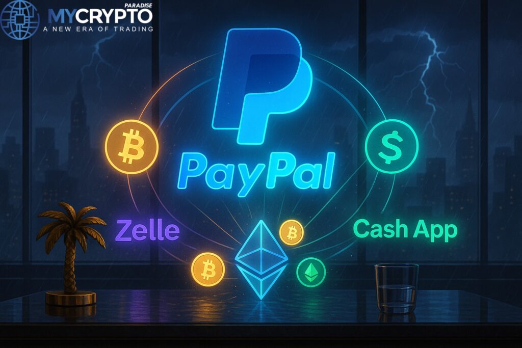 Golden palm tree sculpture and glass cup on trading desk with glowing PayPal hologram overpowering Zelle and CashApp logos, with Bitcoin and Ethereum symbols flowing in, symbolizing fintech battle and crypto integration