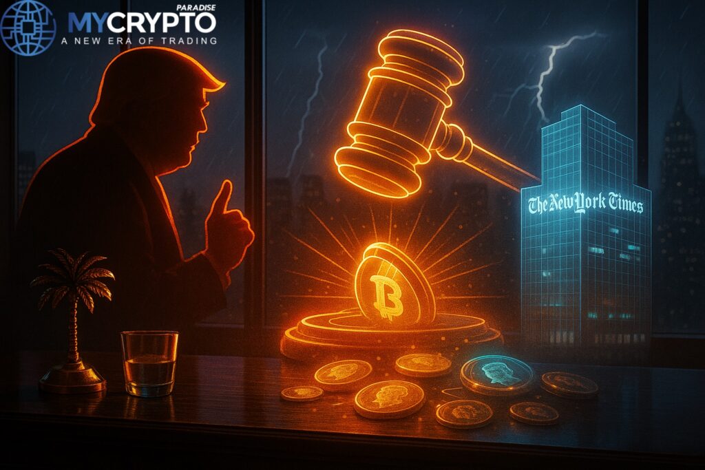 Golden palm tree sculpture and glass cup on trading desk with holographic courtroom gavel, Trump silhouette, New York Times building, and scattered memecoins, symbolizing Trump’s $15B lawsuit and crypto fallout