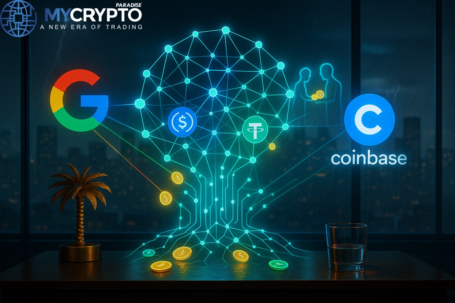 Golden palm tree sculpture and glass cup on trading desk with glowing AI neural hologram channeling stablecoins, flanked by Google and Coinbase holograms, symbolizing AI apps powered by machine payments