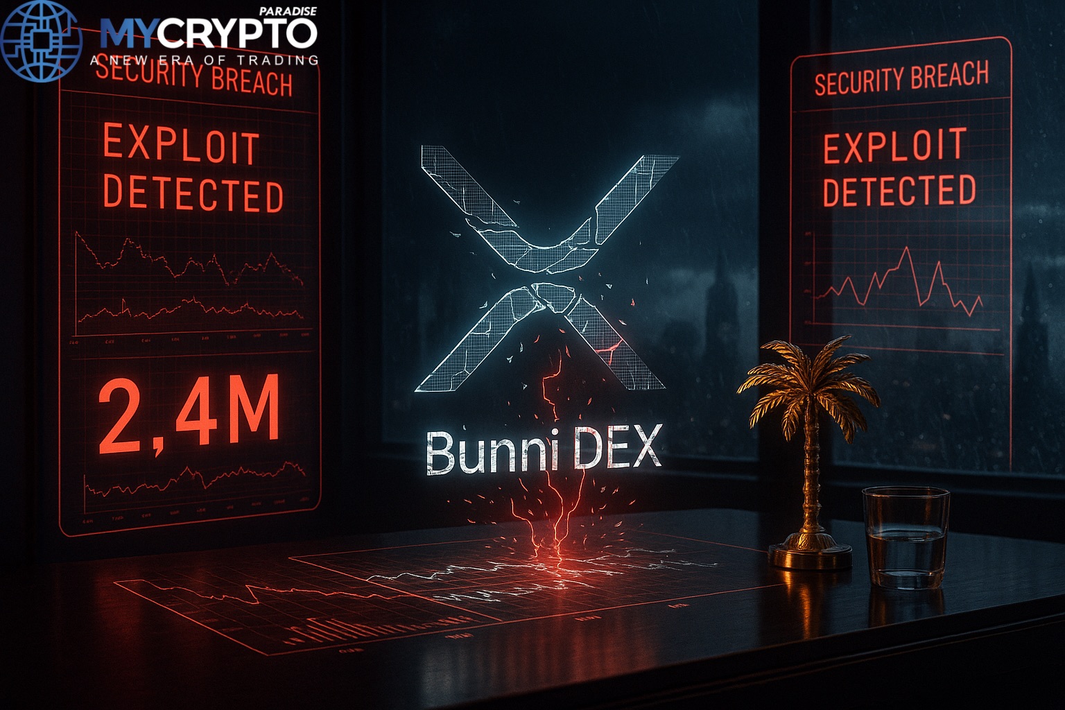 Golden palm tree sculpture and glass cup on trading desk with glitching Bunni DEX hologram, red exploit alerts, and $2.4M loss chart, symbolizing fragility of DeFi security