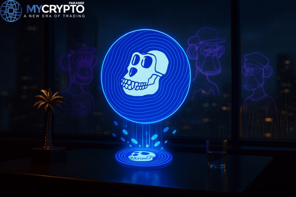 Golden palm tree sculpture and glass cup on trading desk with glowing ApeCoin hologram surrounded by NFT ape silhouettes and metaverse portals, symbolizing culture and community in Web3