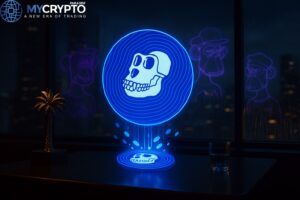 Golden palm tree sculpture and glass cup on trading desk with glowing ApeCoin hologram surrounded by NFT ape silhouettes and metaverse portals, symbolizing culture and community in Web3