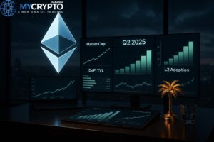 Golden palm tree sculpture and glass cup on luxury trading desk with glowing Ethereum logo and Q2 2025 charts for market cap, DeFi, and adoption, symbolizing Ethereum’s performance and growth