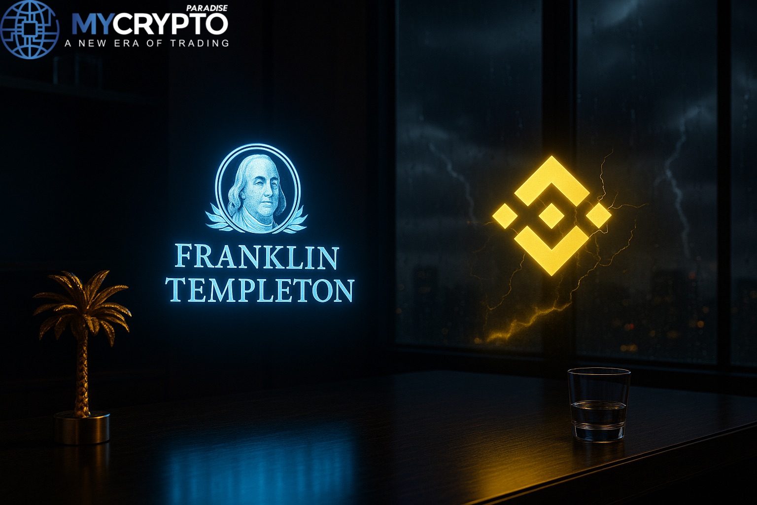 Golden palm tree sculpture and glass cup on trading desk with Franklin Templeton and BNB Chain holograms connected by chaotic streams of securities turning into coins, symbolizing TradFi moving onto blockchain