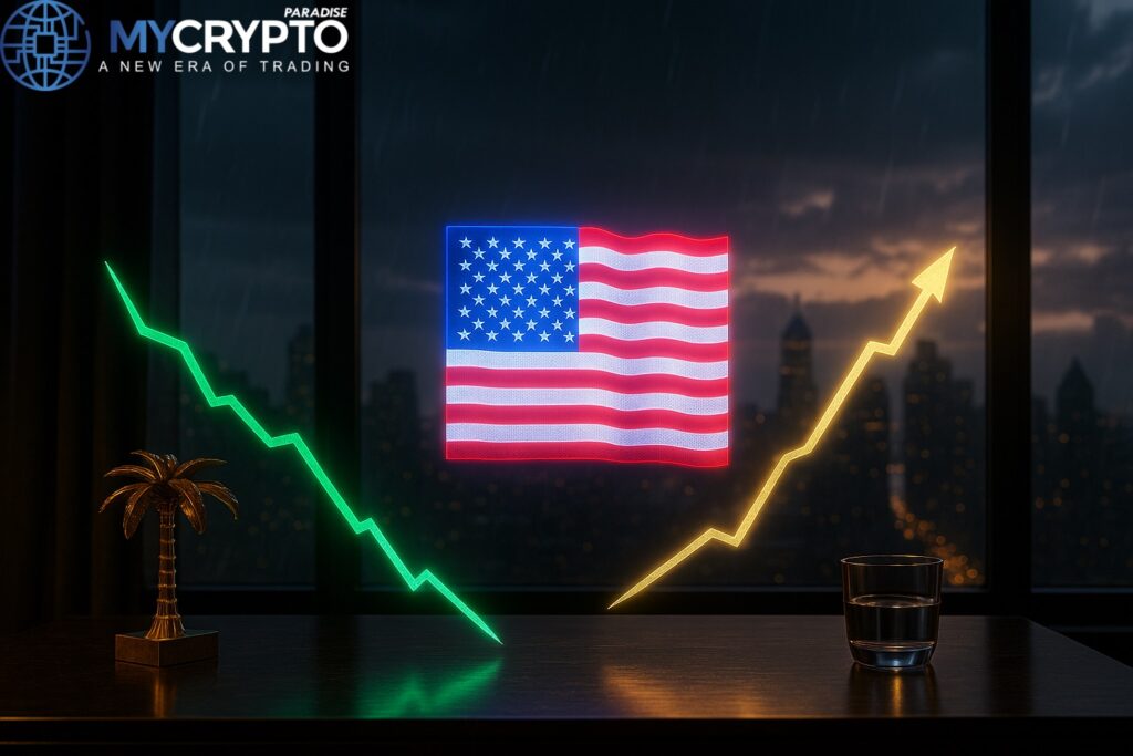 Golden palm tree sculpture and glass cup on trading desk with holographic US flag, green employment chart, and golden GDP chart, symbolizing jobless claims drop and stronger-than-expected growth