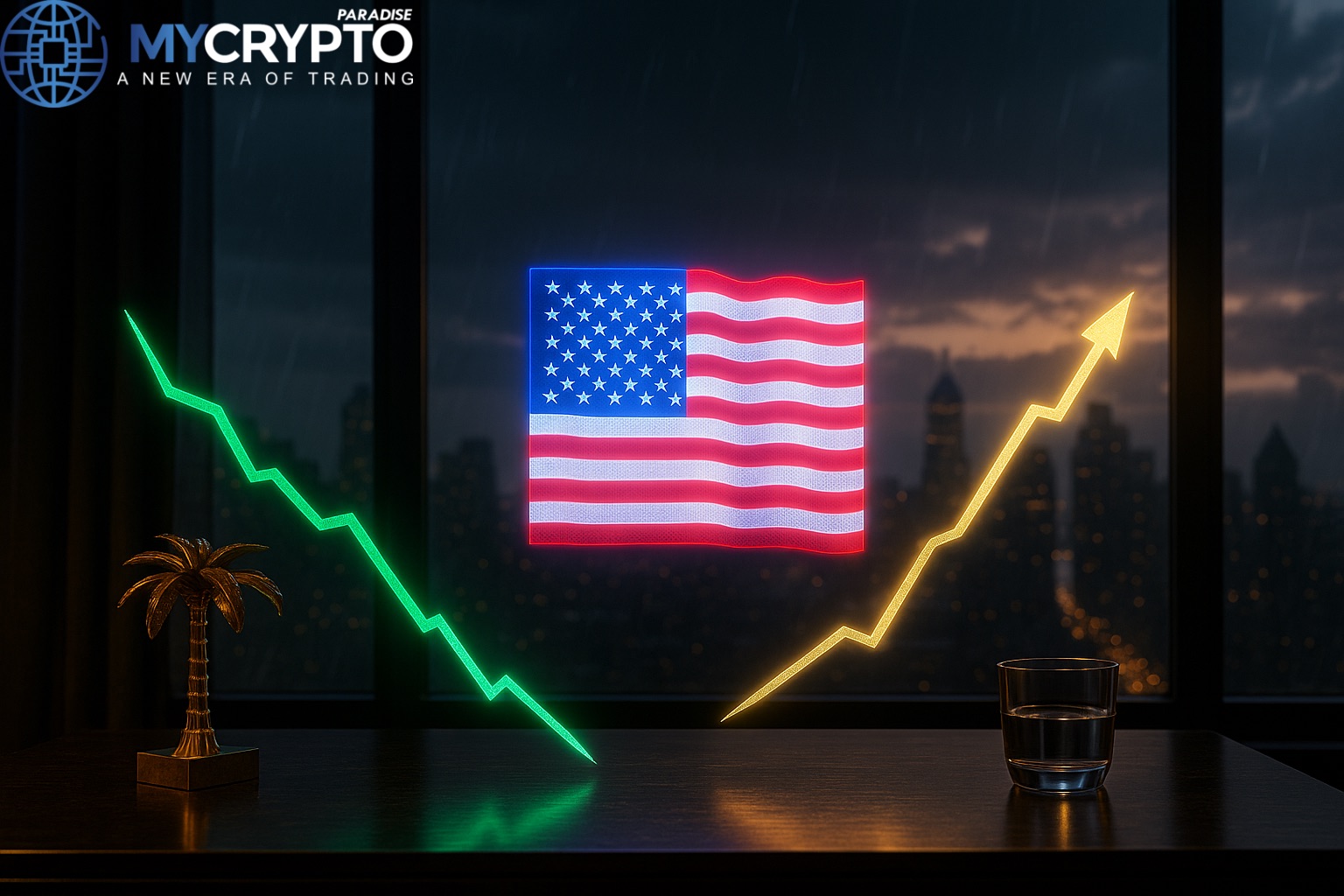 Golden palm tree sculpture and glass cup on trading desk with holographic US flag, green employment chart, and golden GDP chart, symbolizing jobless claims drop and stronger-than-expected growth