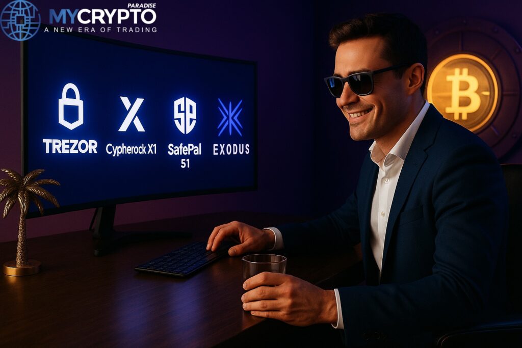 Robin from MyCryptoParadise smiling confidently at monitor with glowing crypto wallets MetaMask, Trust Wallet, and Ledger in luxury trading desk setup