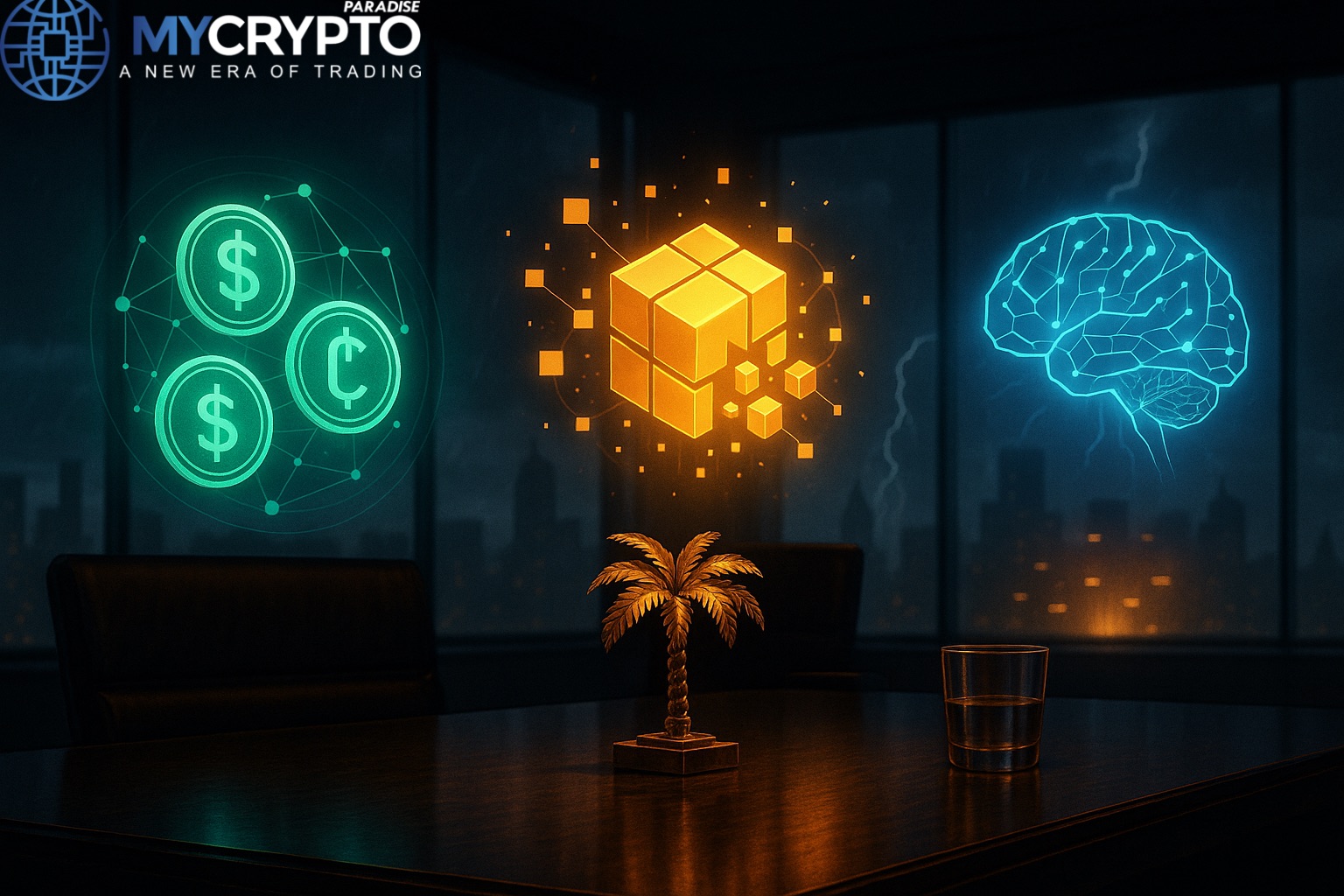 Golden palm tree sculpture and glass cup on trading desk with glowing holograms of stablecoins, tokenization, and AI, symbolizing Fed putting emerging technologies on the main stage amid uncertainty