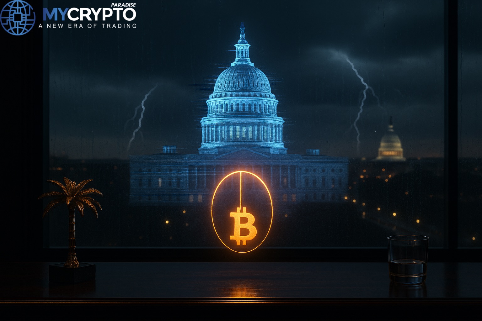 Golden palm tree sculpture and glass cup on trading desk with flickering U.S. Capitol hologram and swinging Bitcoin hologram, symbolizing government shutdown stalling crypto bill and triggering volatility