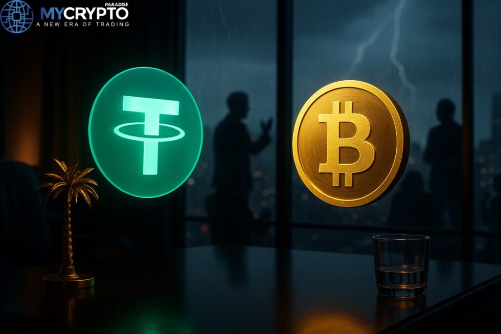 Golden palm tree sculpture and glass cup on trading desk with glowing Tether logo and massive Bitcoin hologram, symbolizing Tether’s $1B Bitcoin purchase and market speculation