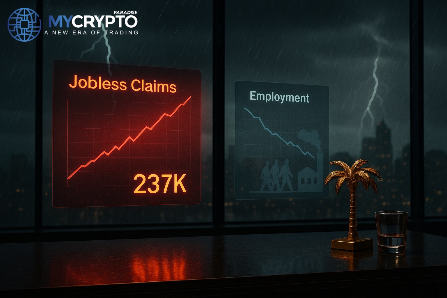 Golden palm tree sculpture and glass cup on trading desk with red holographic jobless claims chart at 237K and fading employment metrics, symbolizing U.S. labor market unraveling