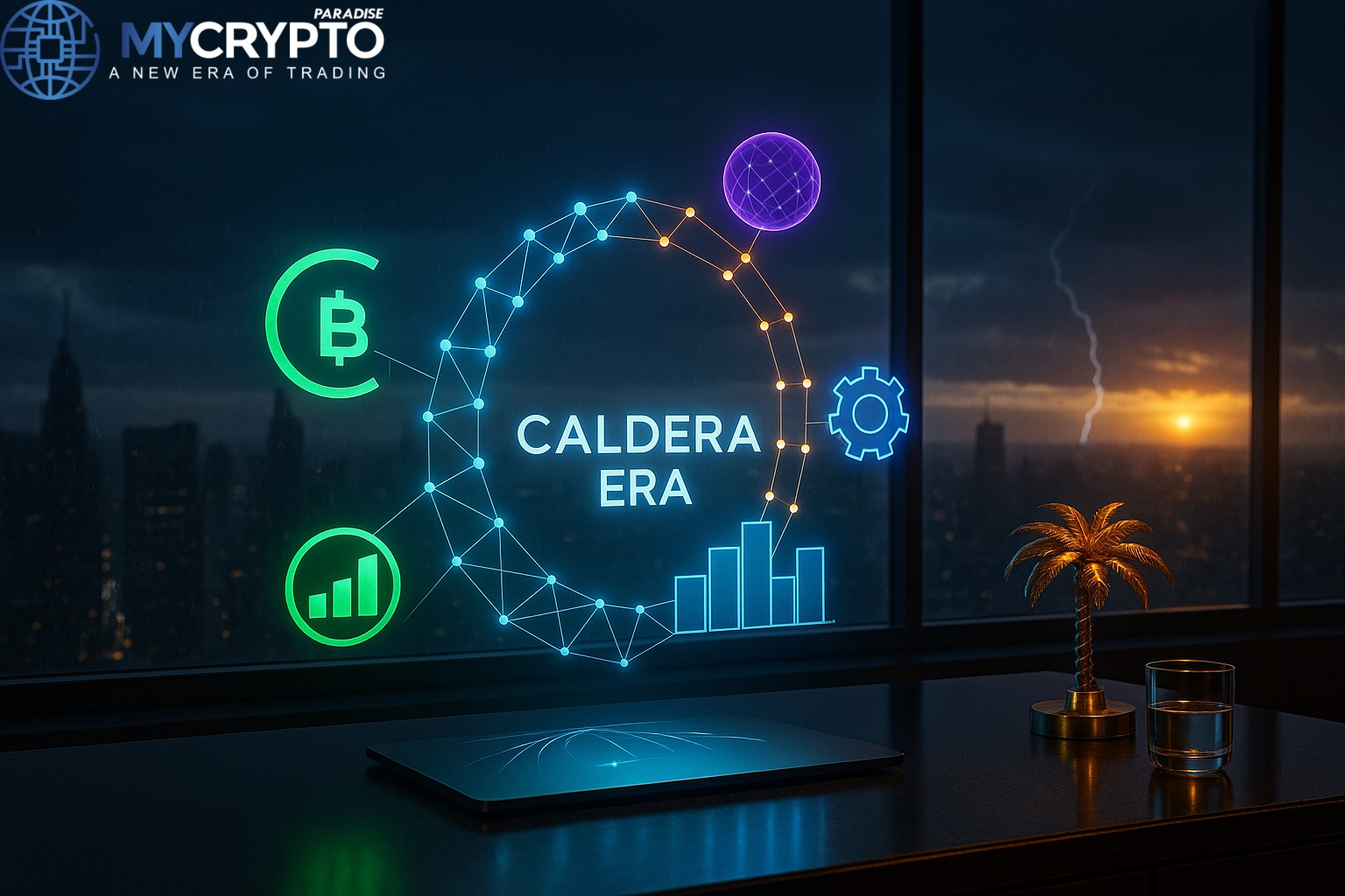 Golden palm tree sculpture and glass cup on luxury trading desk with holographic Caldera ERA network arc and ecosystem icons, symbolizing launch and expansion